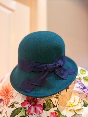 San Diego Hat Company Teal Felt Cloche with Navy Ribbon